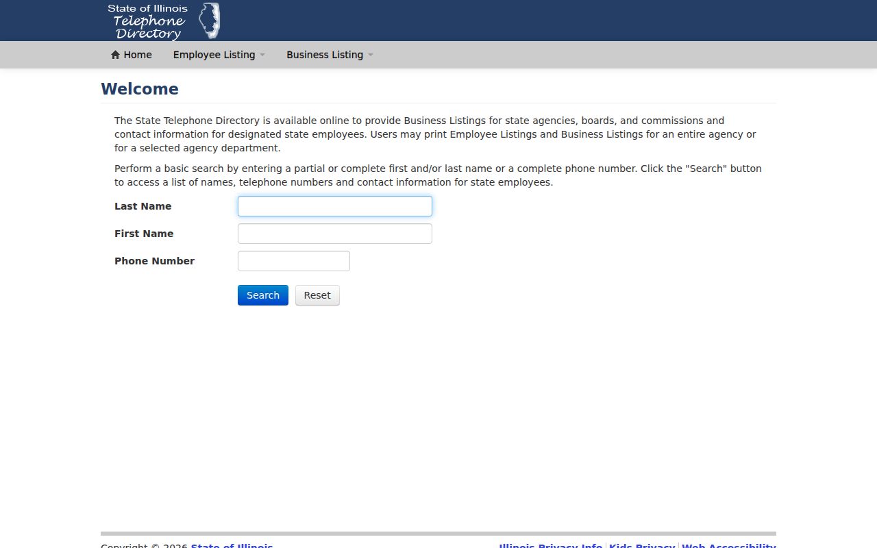 Illinois phone directory search page for state employees and agencies