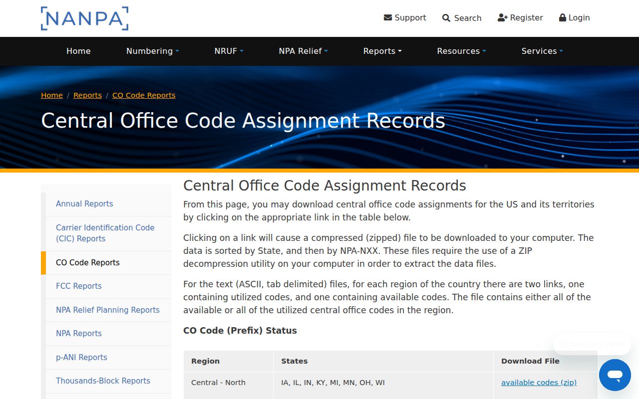 NANPA central office code assignment records for Illinois phone codes