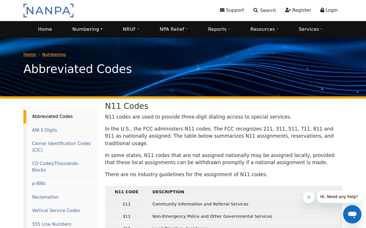 NANPA reference for N11 phone codes used in Illinois