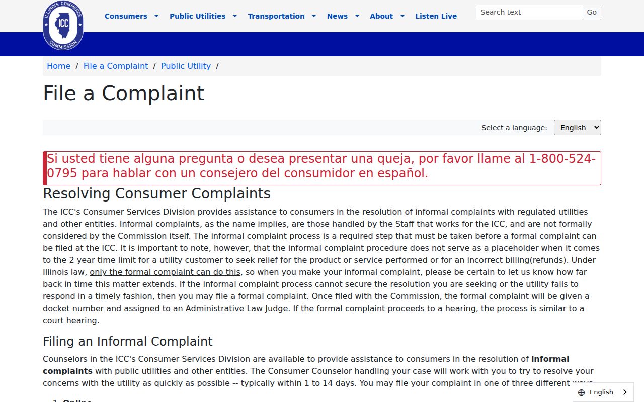 ICC public utility complaint channel for Illinois phone and utility numbers